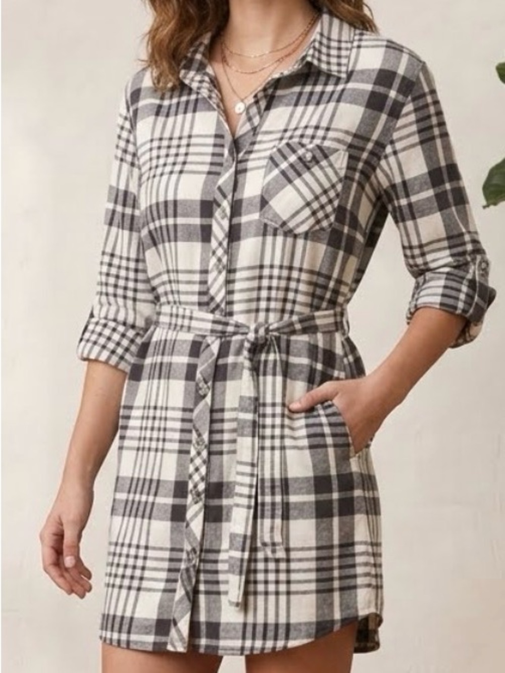 Field & Stream Gray and White Plaid Belted Shirt Dress, Medium